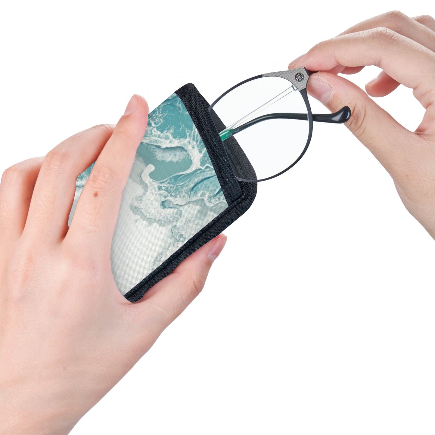 Portable Glasses Case – Ocean Shell & Wave Design | Soft Eyewear Pouch | S-Size 2.75"x6.29" | Velcro Closure | Coastal Style