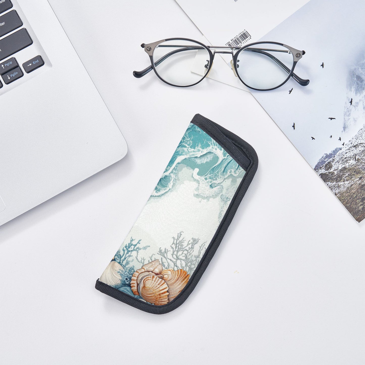 Portable Glasses Case – Ocean Shell & Wave Design | Soft Eyewear Pouch | S-Size 2.75"x6.29" | Velcro Closure | Coastal Style