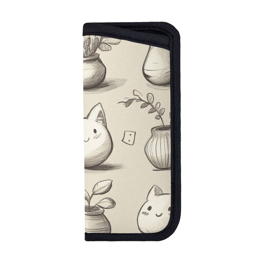 Illustration Style Cat & Flower Pot Glasses Case｜Sketch Art Look｜Velcro Closure｜2.75x6.29in Eyewear Pouch