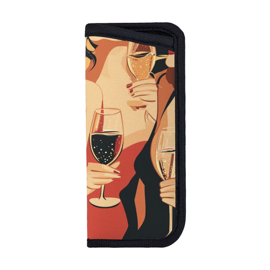 Chic Party Ladies Illustration Glasses Pouch｜Elegant Champagne Glass Art Case｜Velcro Closure｜7x16cm